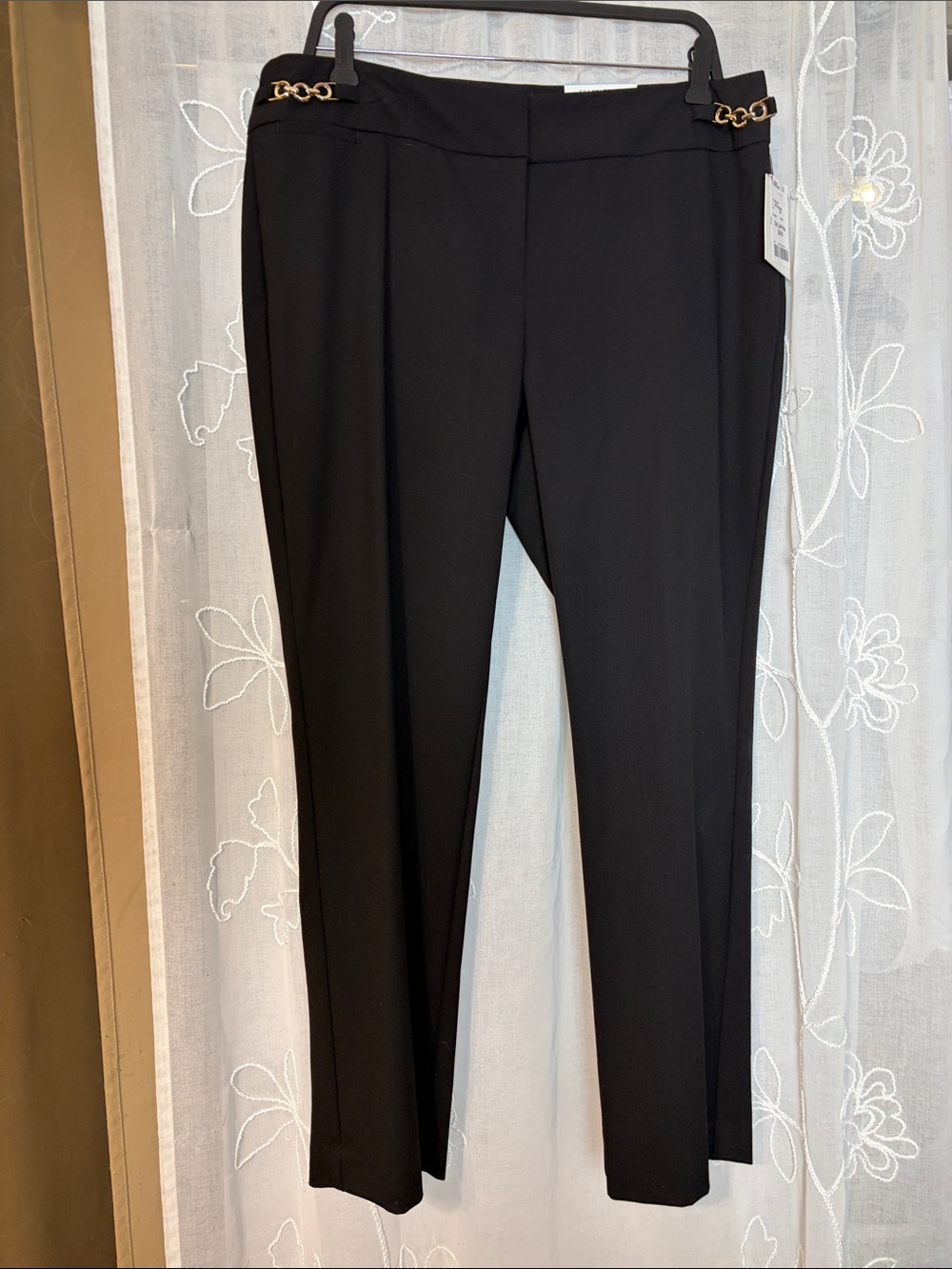 NWT Ellen Tracy Black Chain-Accent Slim Dress Pants - Women 14 P Mid-Rise